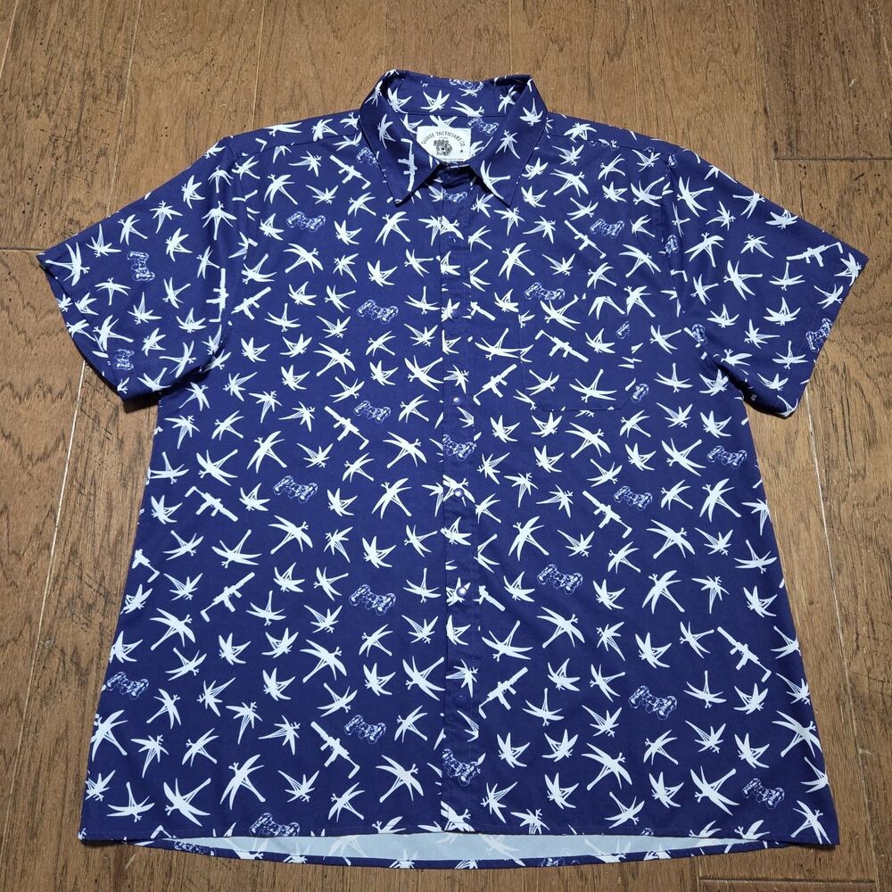 Savage Tacticians Size XL Short Sleeve Shirt Blue White Guns Binoculars Print